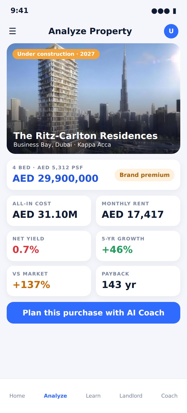 PropertyLab app, Analyze: The Ritz-Carlton Residences at Business Bay, Dubai