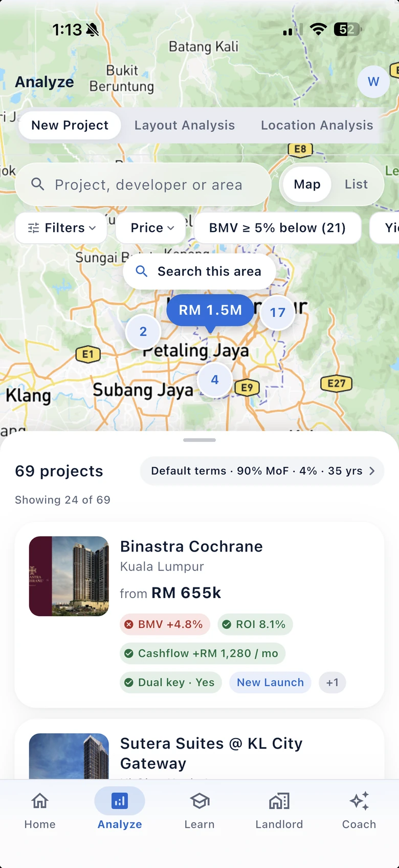 PropertyLab app, Analyze: map of new projects around Kuala Lumpur with Binastra Cochrane