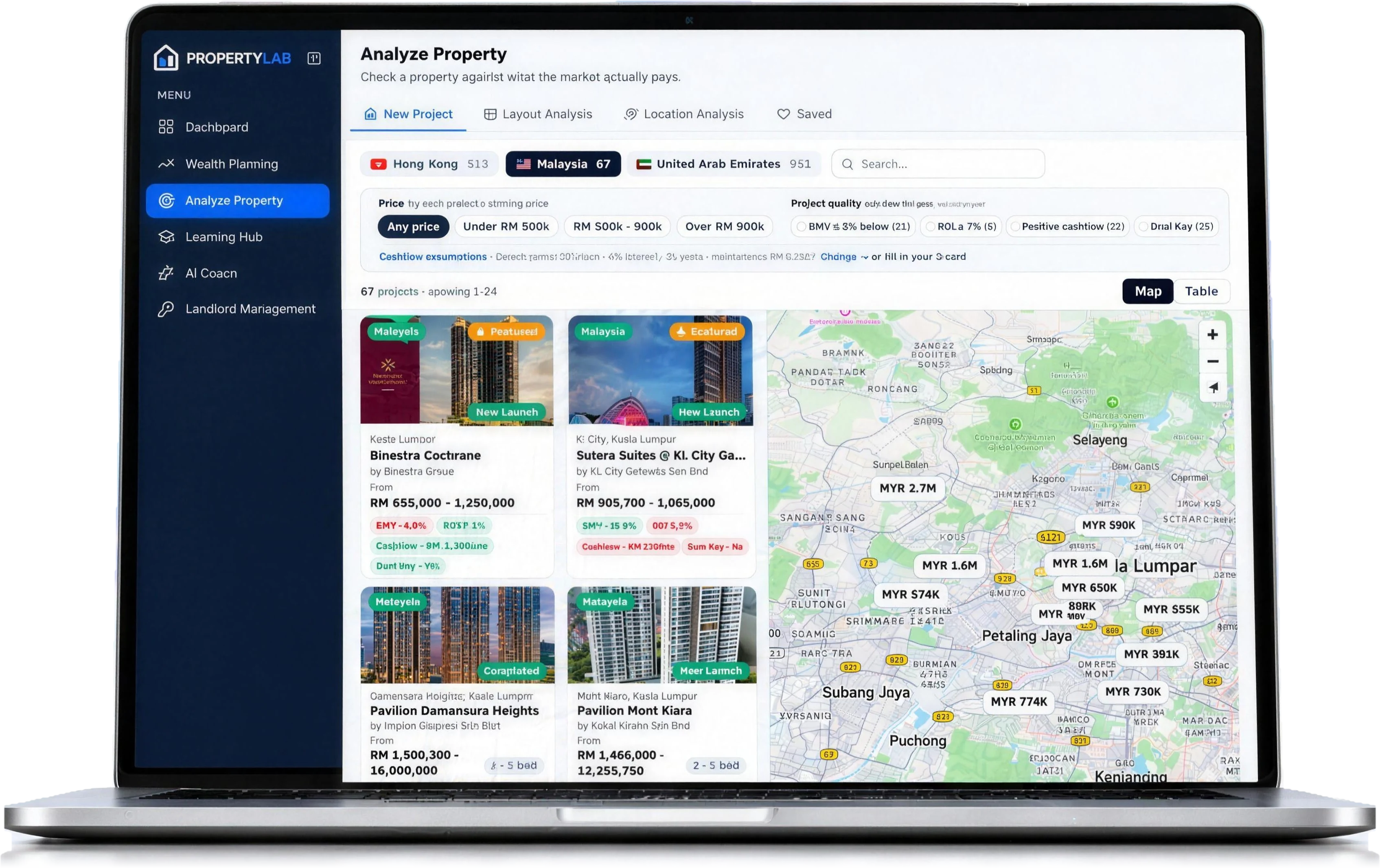 PropertyLab Analyze Property screen on an open laptop