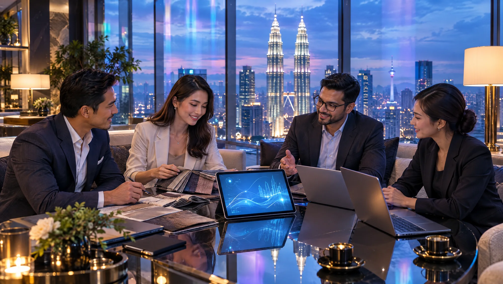 Property professionals working together in a lounge overlooking Kuala Lumpur